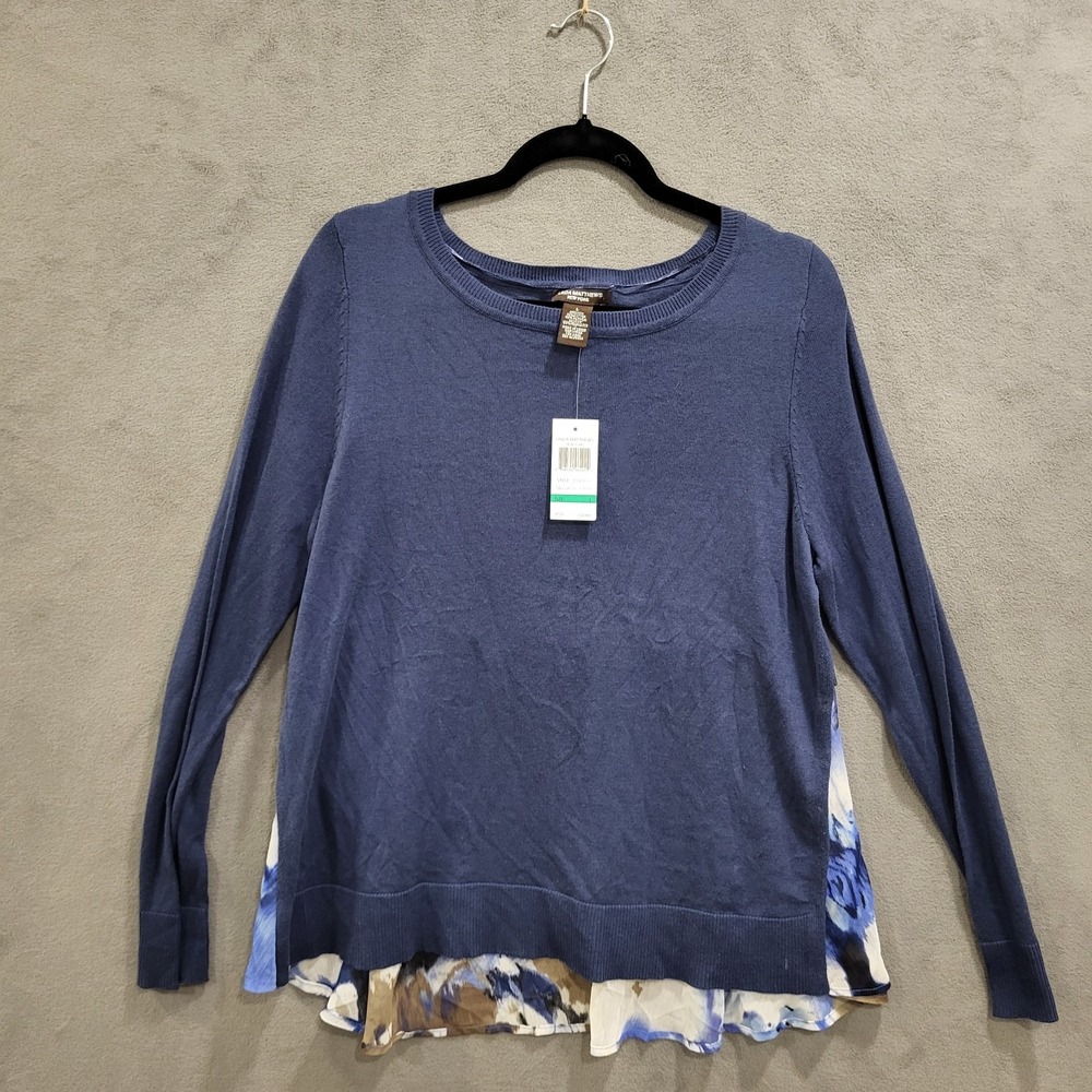 Linda Matthews Layered Hem Sweater Women's Large Blue Floral Preppy Office‎